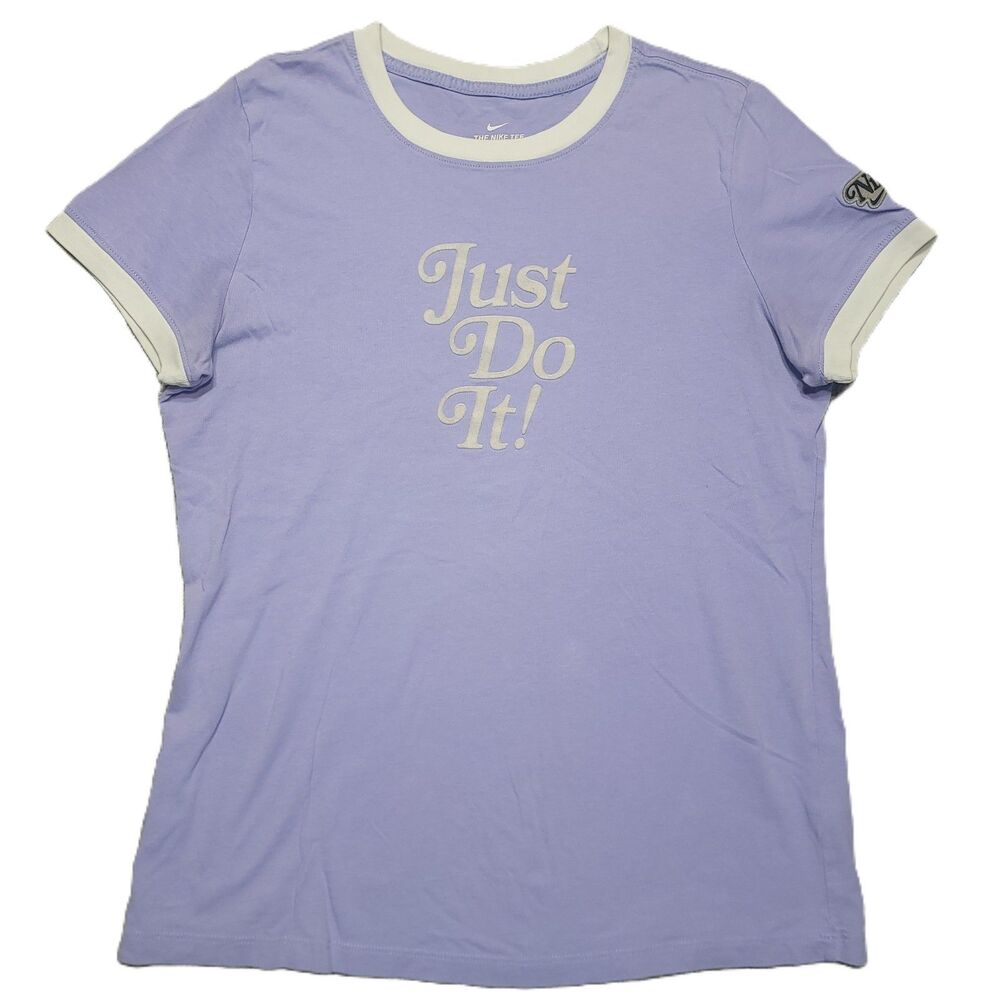 Nike Tee Sportswear Womens M Top Retro "Just Do It" Ringer T-Shirt Purple Cotton